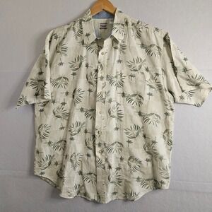 Bugle Boy Company Mens XL Tropical Palm Leaf Ramie Cotton Button Down Shirt Tan